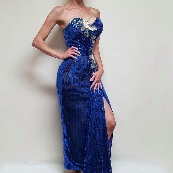 VINTAGE Alyce Designs Blue Silver Sequin Floral Bustier Side Slit Maxi Dress M - Picture 2 of 16